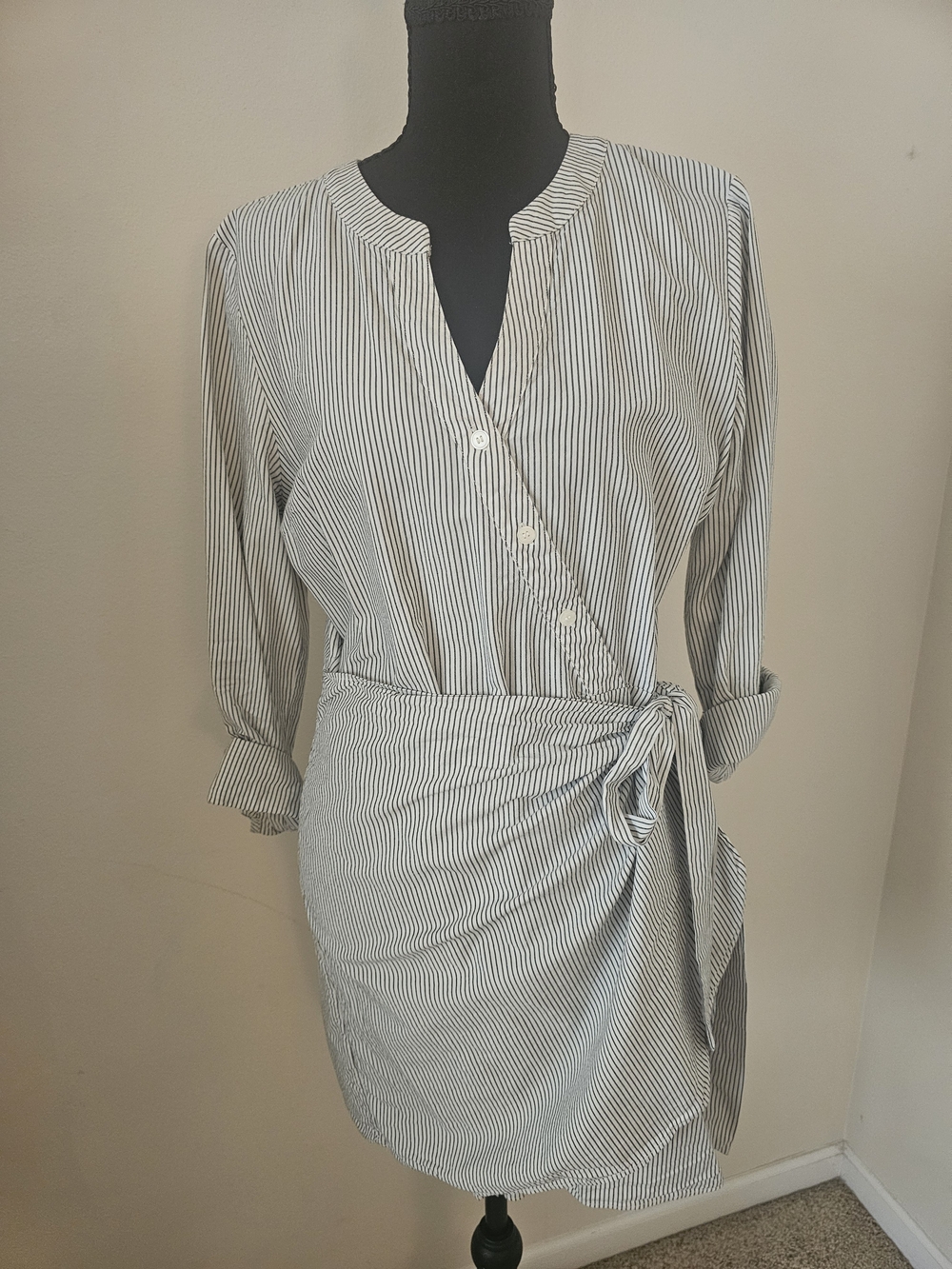 LOFT Black and White Striped Wrap Mini Dress